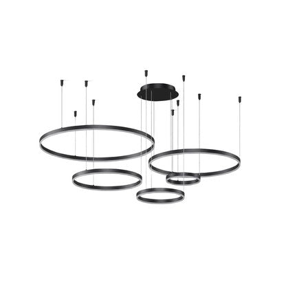 Lustre suspendu Dimoree au design industriel avec quatre anneaux noirs minimalistes pour salon et salle à manger