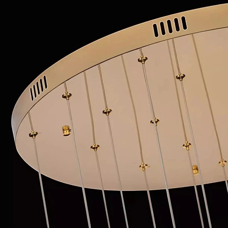 Base circulaire dorée du lustre suspendu Dimoree avec fixations pour câbles, design moderne et élégant