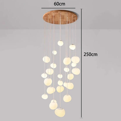 Lustre suspendu moderne Dimoree avec base ronde en bois et multiples globes lumineux en verre pour salon ou escalier