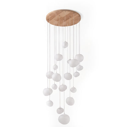 Lustre suspendu Dimoree moderne avec multiples sphères en verre dépoli et base ronde en bois clair pour salon