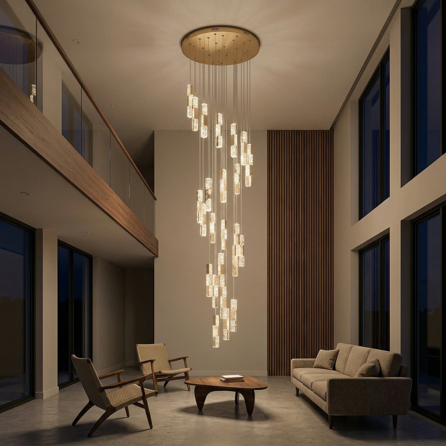 Lustre suspendu Dimoree en spirale avec finition dorée et diffuseurs en verre texturé dans un salon moderne