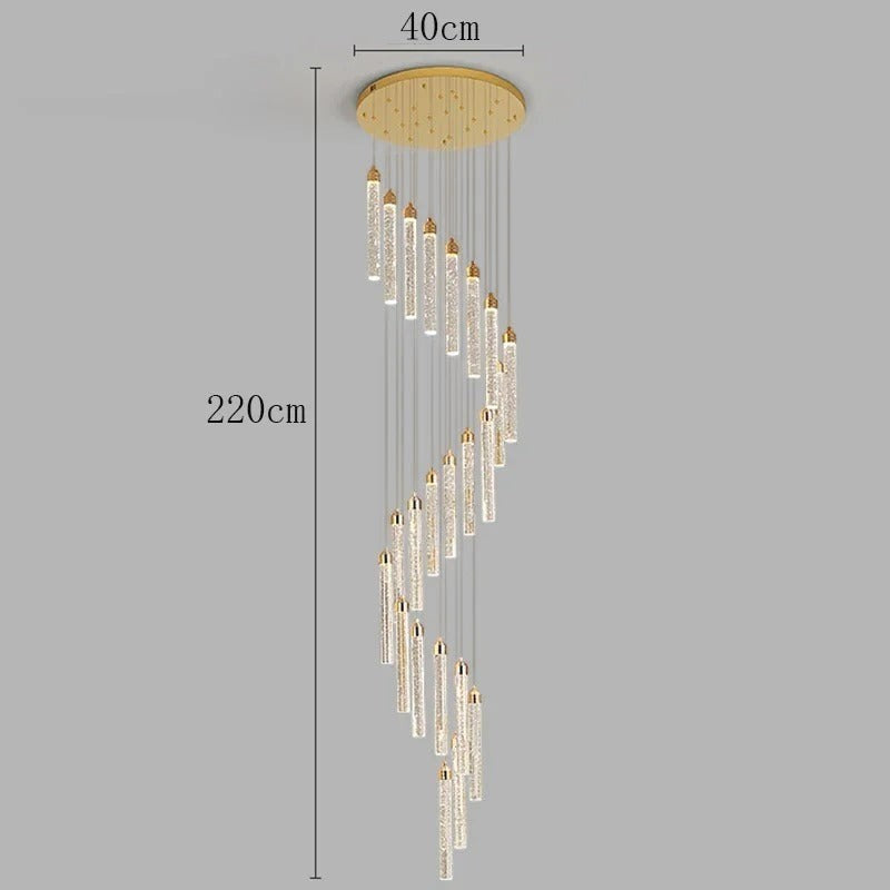 Lustre suspendu Dimoree en spirale avec finition dorée et diffuseurs en verre texturé pour salon à haut plafond