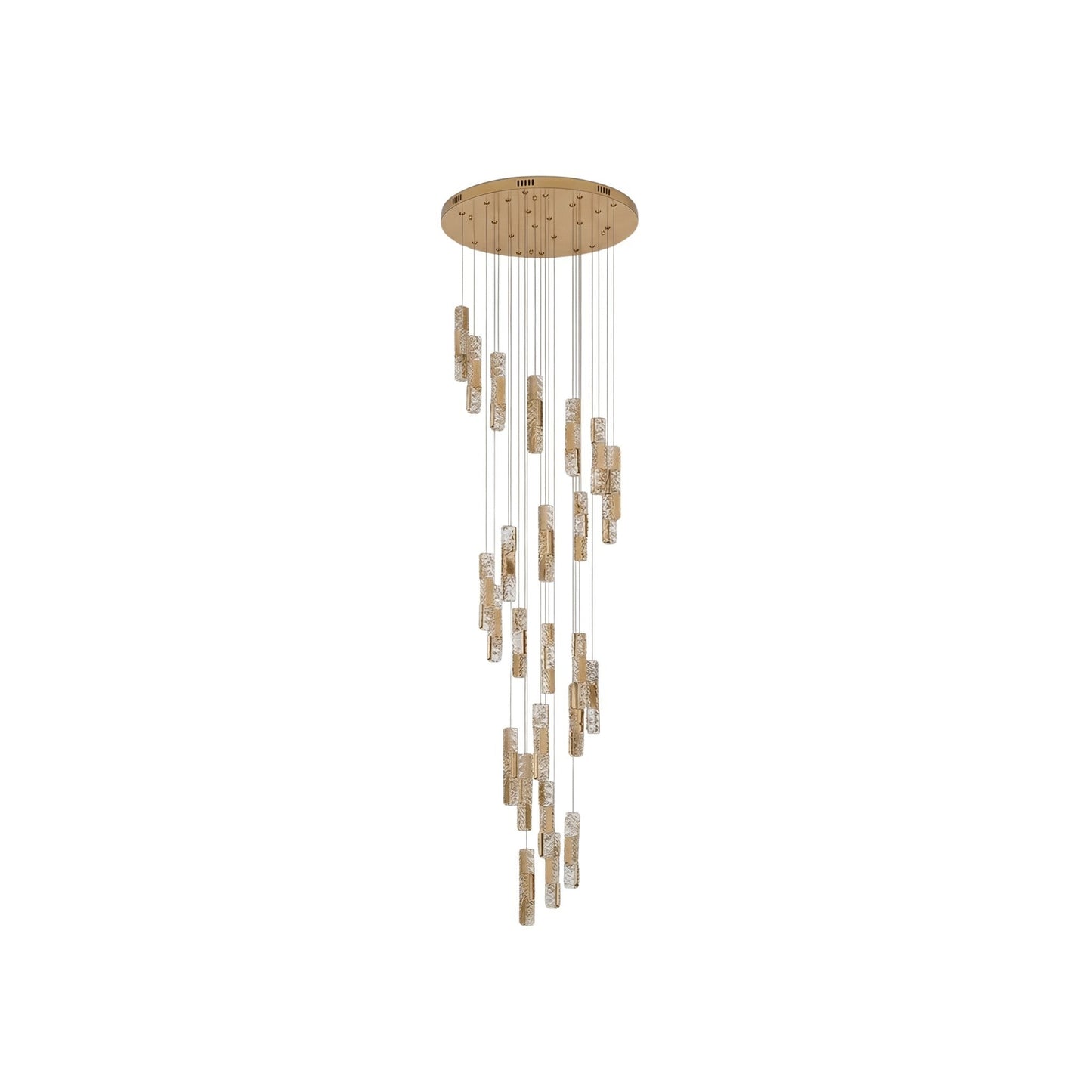 Lustre suspendu Dimoree en spirale avec finition dorée et diffuseurs en verre texturé pour salon luxueux