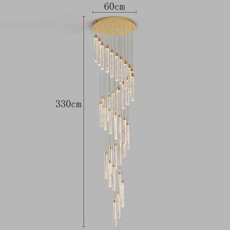 Lustre suspendu Dimoree en spirale avec finition dorée et diffuseurs en verre texturé pour salon à haut plafond