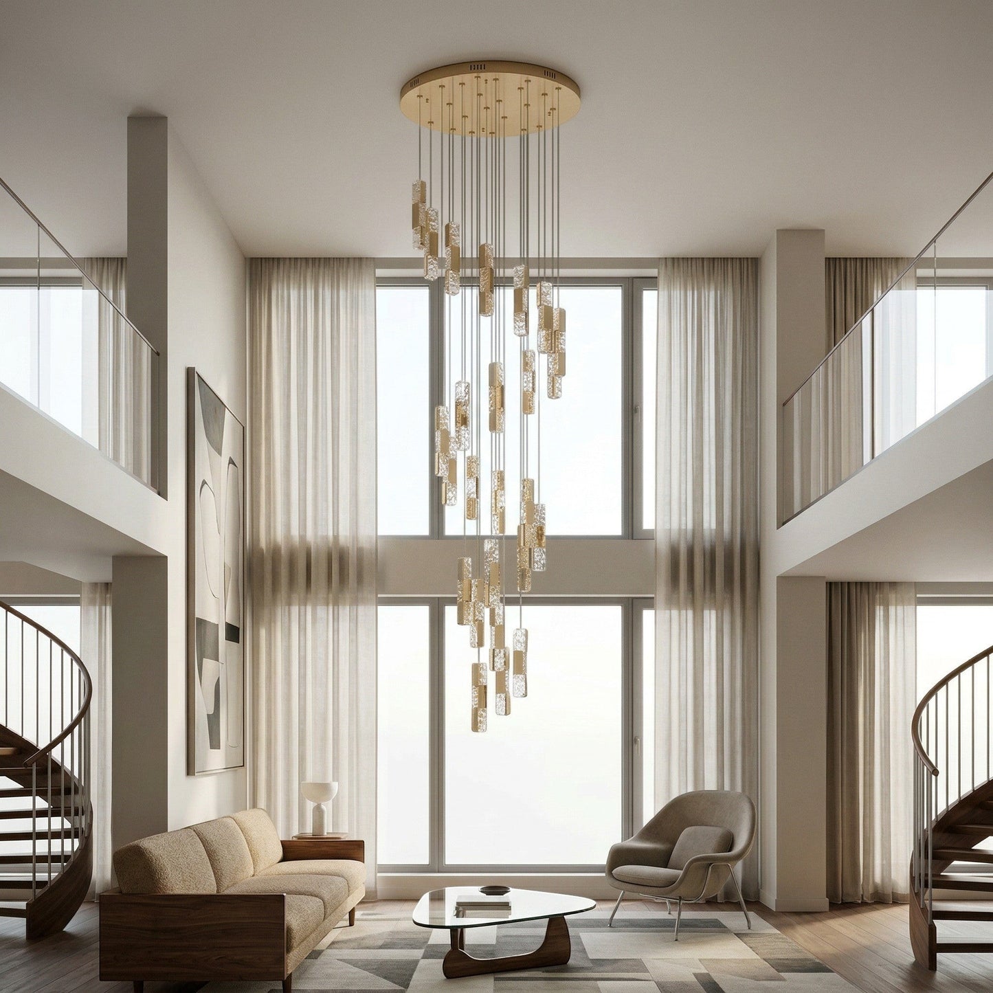 Lustre suspendu Dimoree en spirale doré avec diffuseurs en verre texturé dans un salon moderne à haut plafond