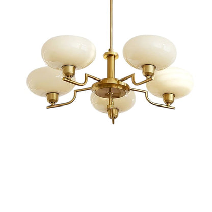 Lustre vintage Dimoree en fer doré avec cinq globes en verre blanc pour salon et salle à manger