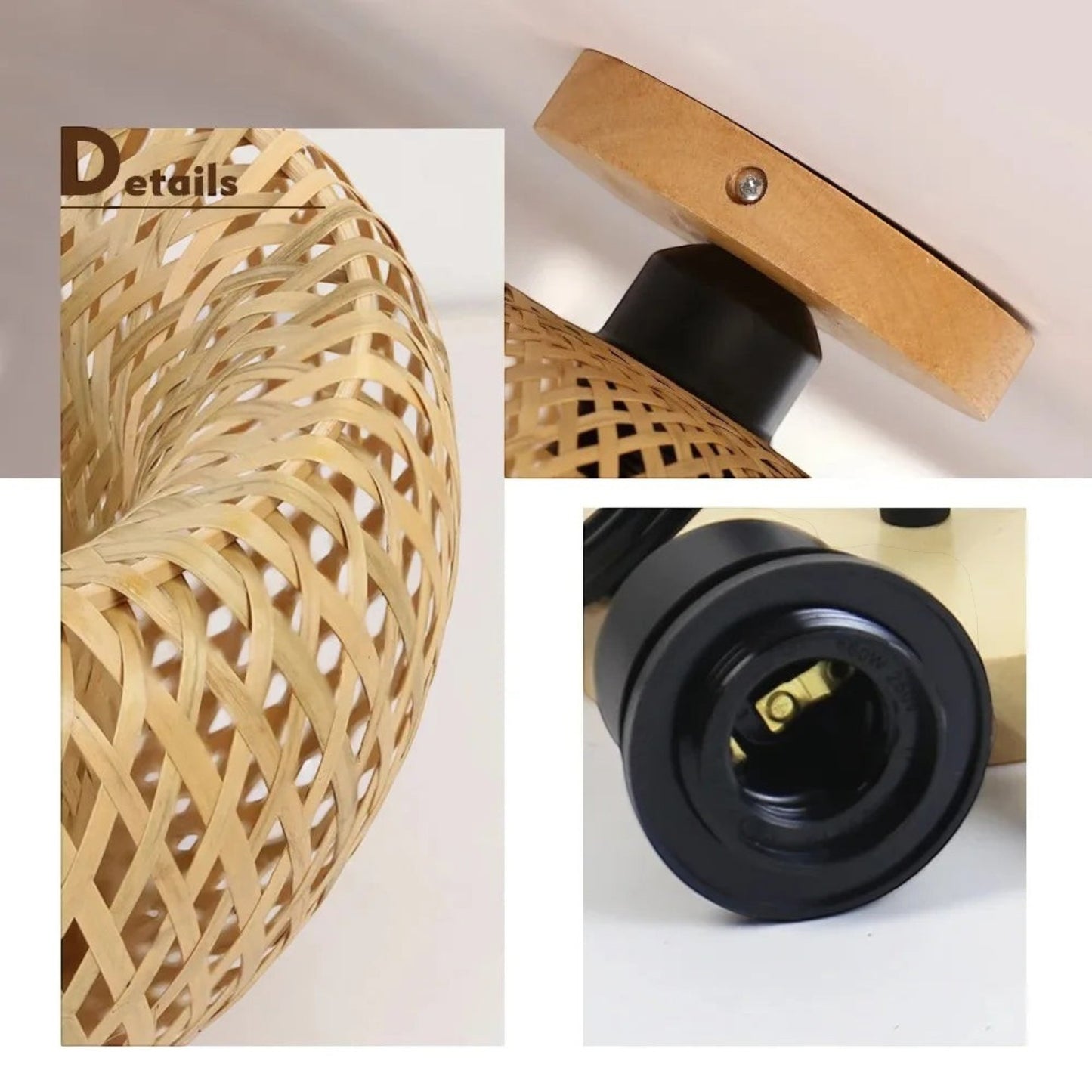 Détails du plafonnier Dimoree en bambou tissé avec support en bois et douille noire pour ampoule E27