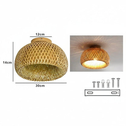 Plafonnier Dimoree en bambou tissé rétro avec schéma technique et dimensions pour éclairage intérieur chaleureux