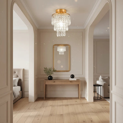 Plafonnier Dimoree en cristal doré et acier inoxydable, design moderne suspendu dans une entrée élégante