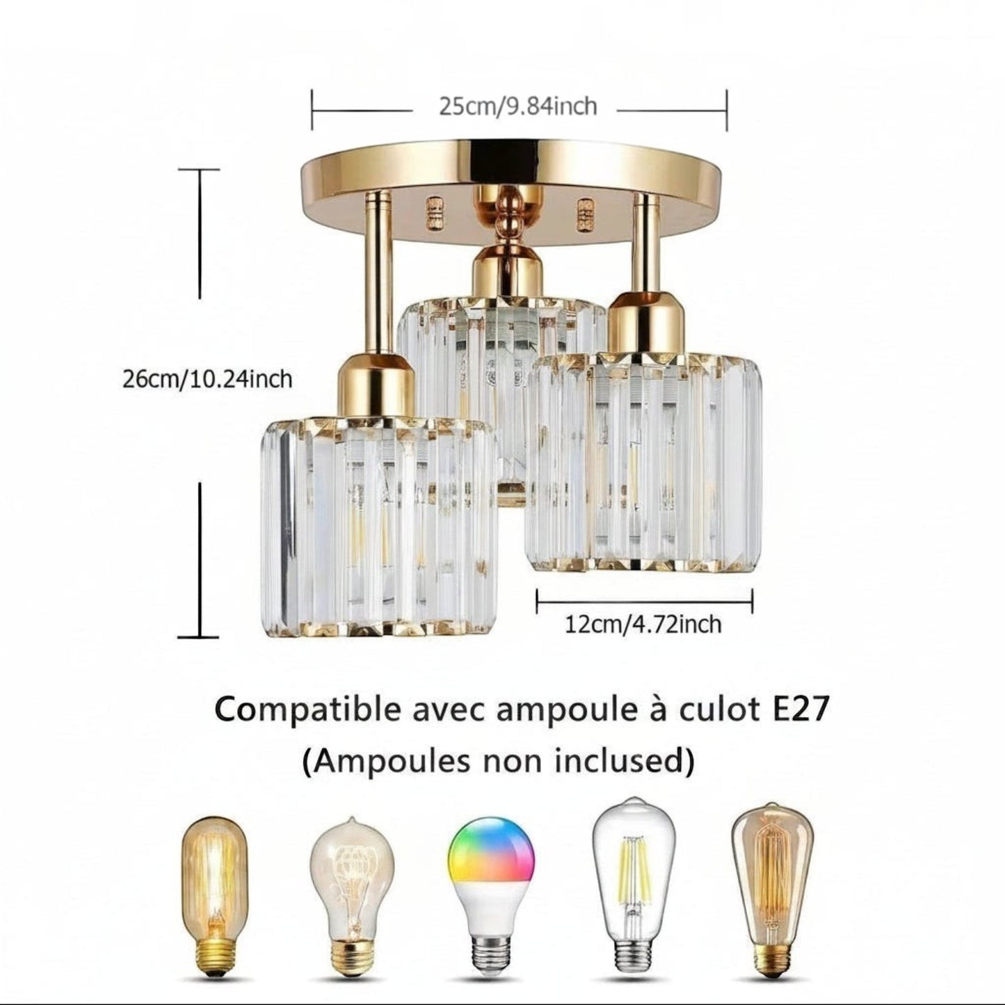 Plafonnier Dimoree moderne en fer doré et cristal avec dimensions et compatibilité ampoules E27