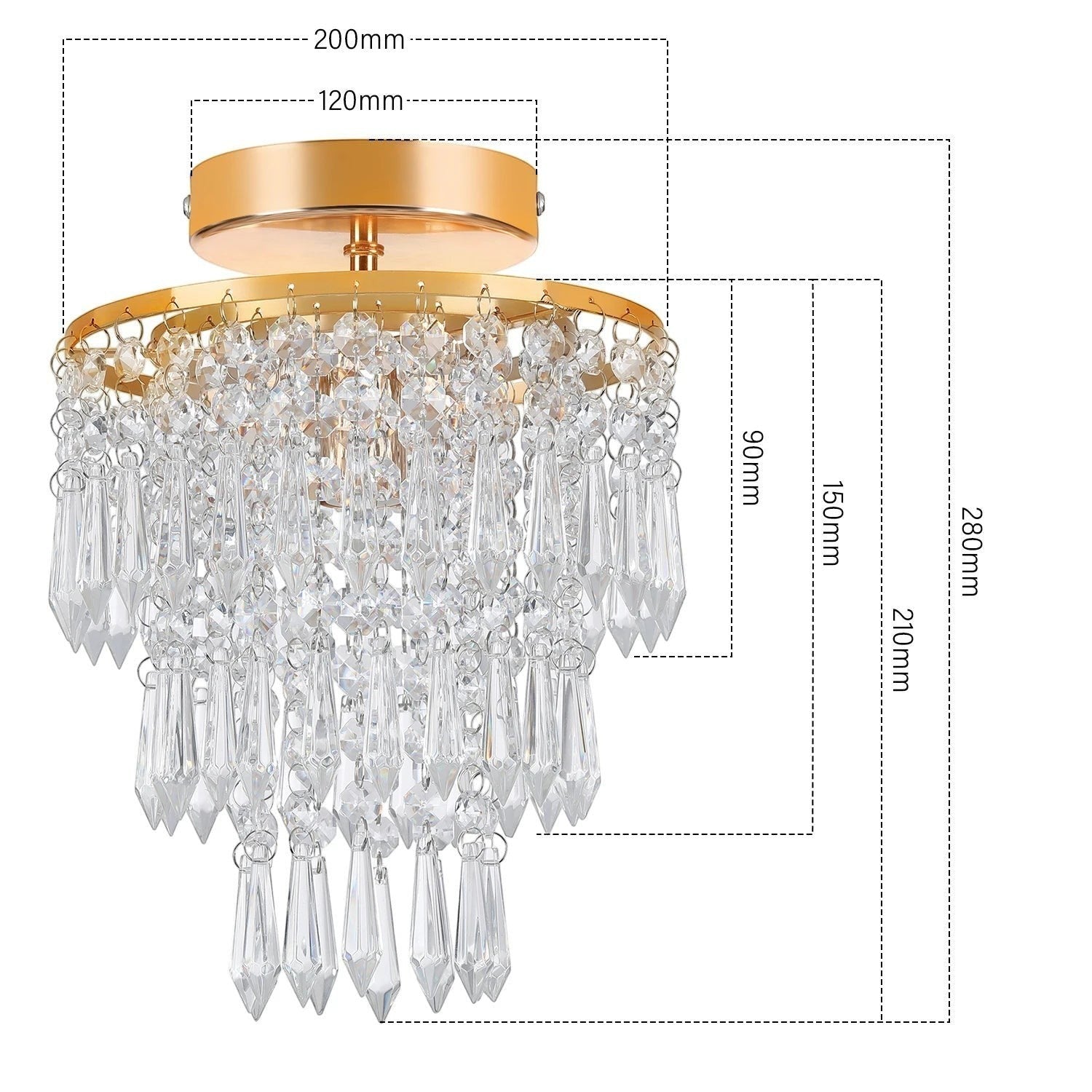 Plafonnier Dimoree en cristal avec structure dorée, design moderne à pampilles pour salon ou entrée