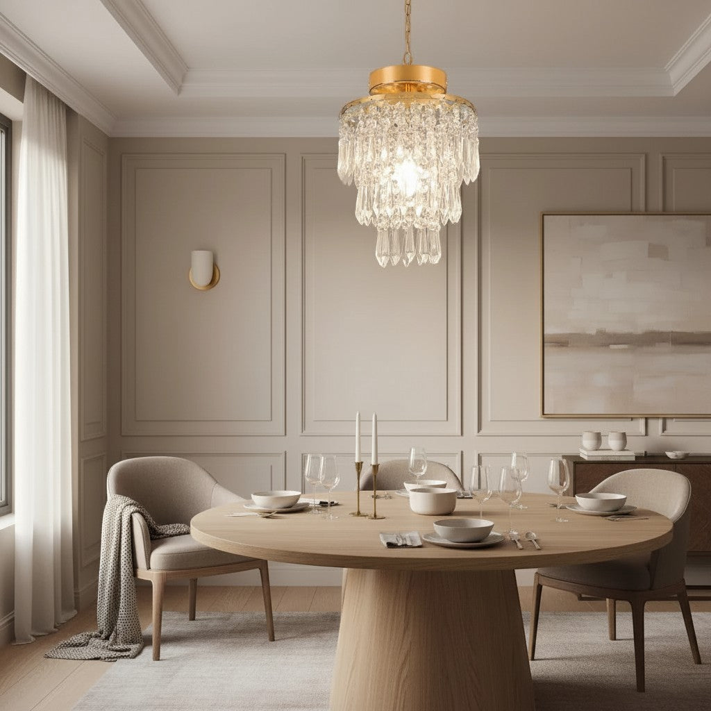 Plafonnier Dimoree en cristal et métal doré suspendu au-dessus d'une table à manger dans un salon moderne