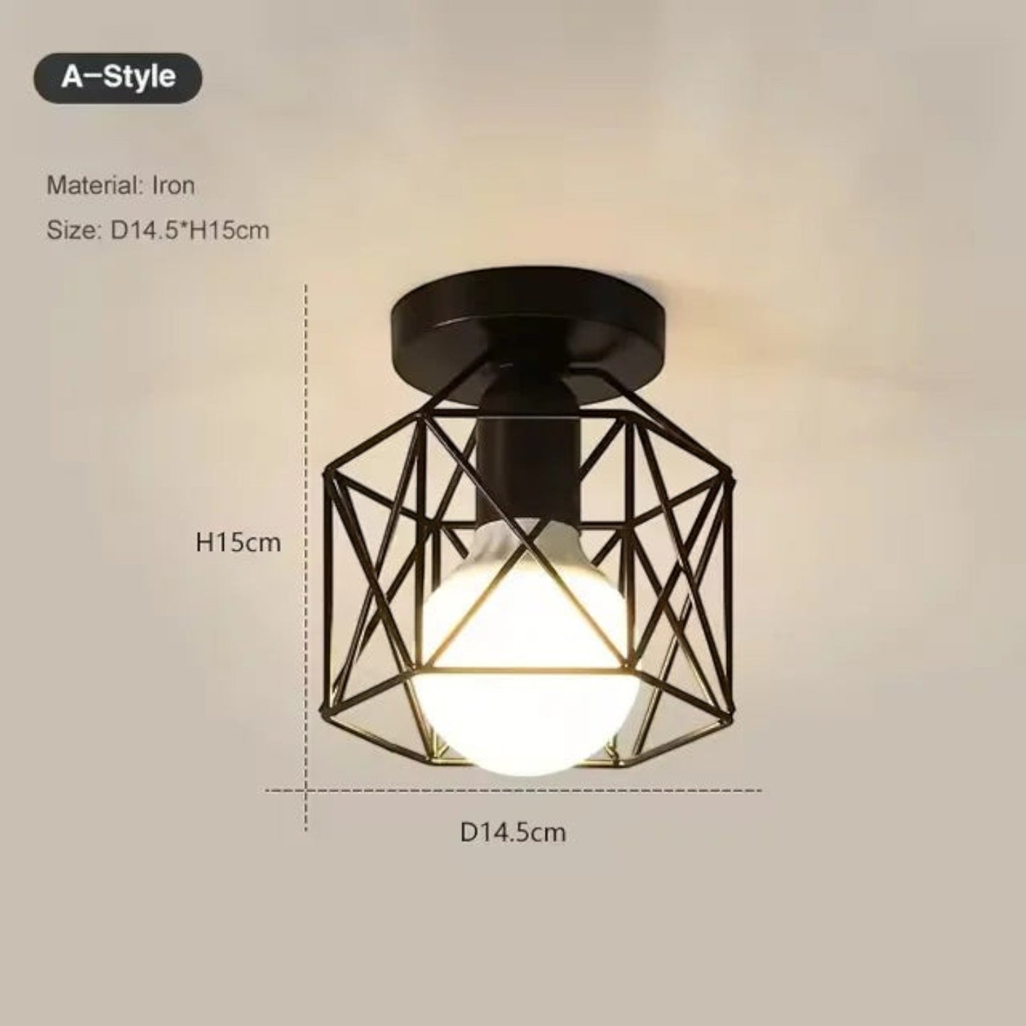 Plafonnier industriel Dimoree en métal noir avec cage géométrique pour ampoule E27 au style rétro