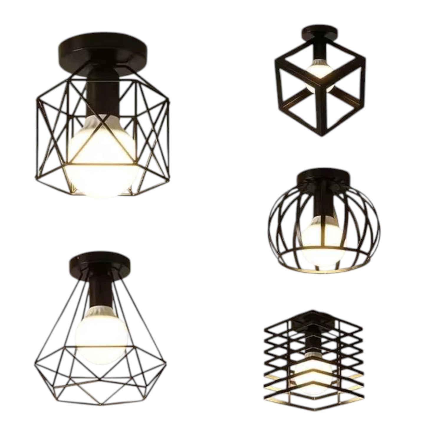Plafonnier industriel Dimoree en métal noir avec différentes formes de cages géométriques pour ampoule E27