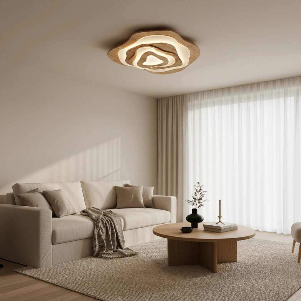 Plafonnier LED Dimoree en forme de nuage en bois clair installé dans un salon moderne aux tons neutres et chaleureux.