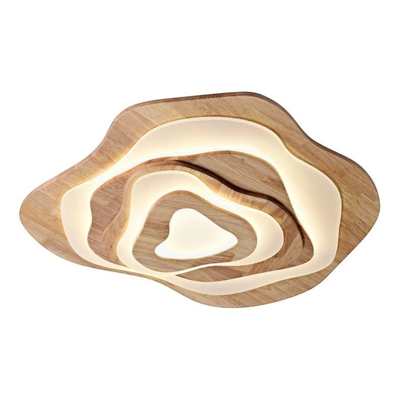 Plafonnier LED Dimoree en bois naturel avec design en forme de nuage superposé et éclairage diffus chaleureux