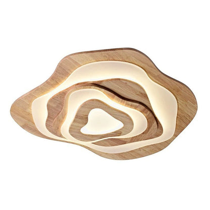 Plafonnier LED Dimoree en bois naturel avec design en forme de nuage superposé et éclairage diffus chaleureux