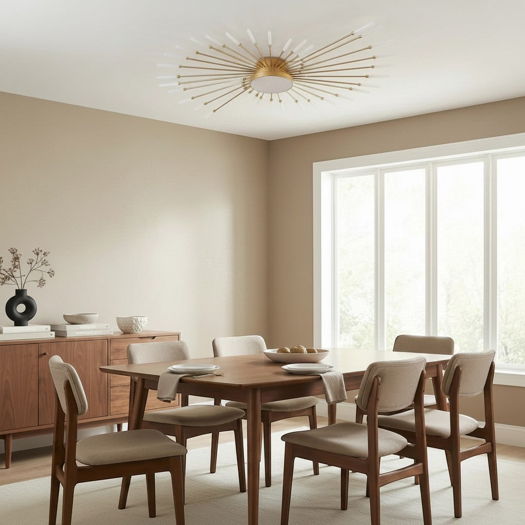 Plafonnier LED design Dimoree doré en forme d'étoile suspendu au-dessus d'une salle à manger moderne en bois