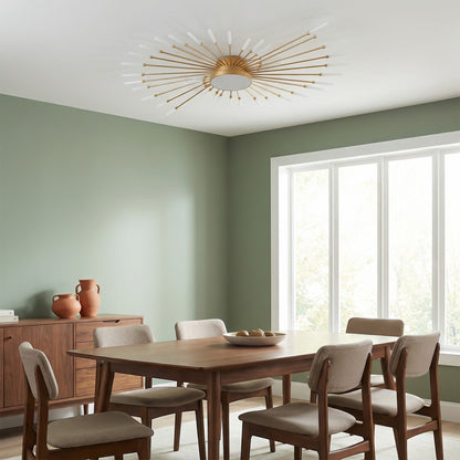 Plafonnier LED Dimoree design doré en forme d'étoile installé au plafond d'une salle à manger moderne