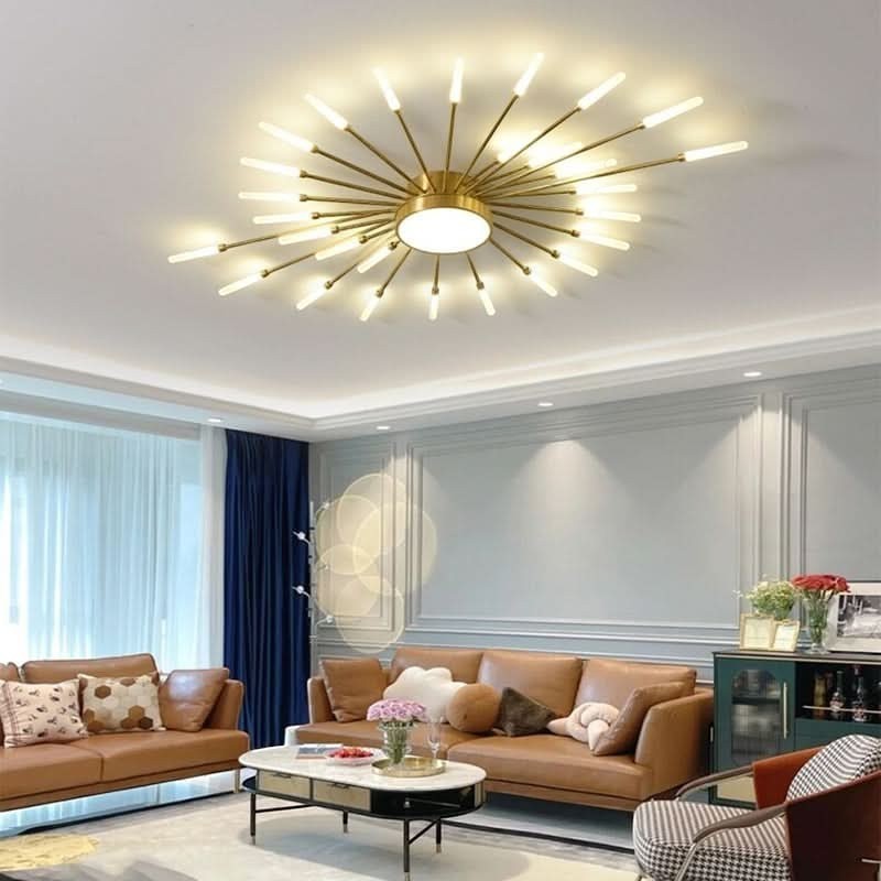 Plafonnier LED design Dimoree en métal doré avec branches lumineuses modernes installé dans un salon élégant