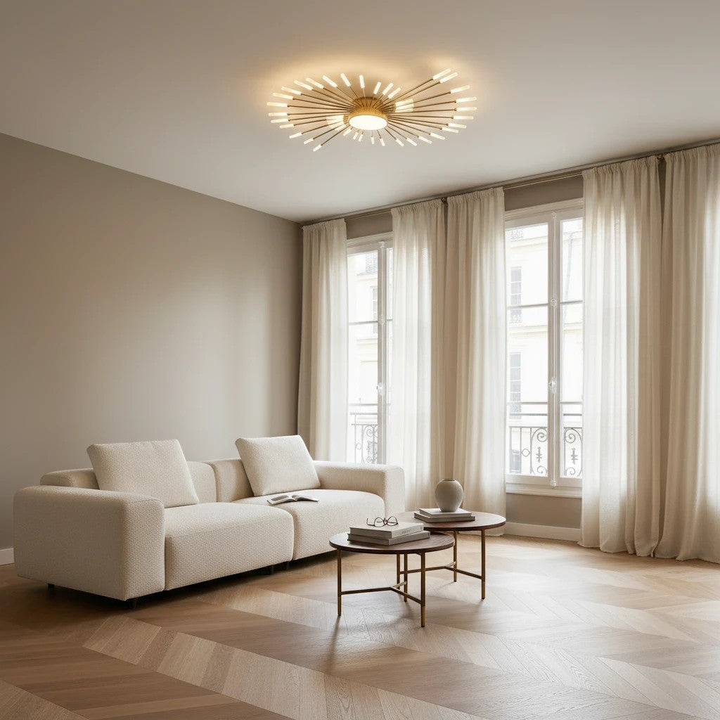 Plafonnier LED design Dimoree doré en forme d'étoile installé au plafond d'un salon moderne et lumineux