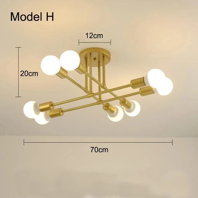 Plafonnier Dimoree style nordique minimaliste en métal doré avec huit ampoules LED pour salon ou chambre