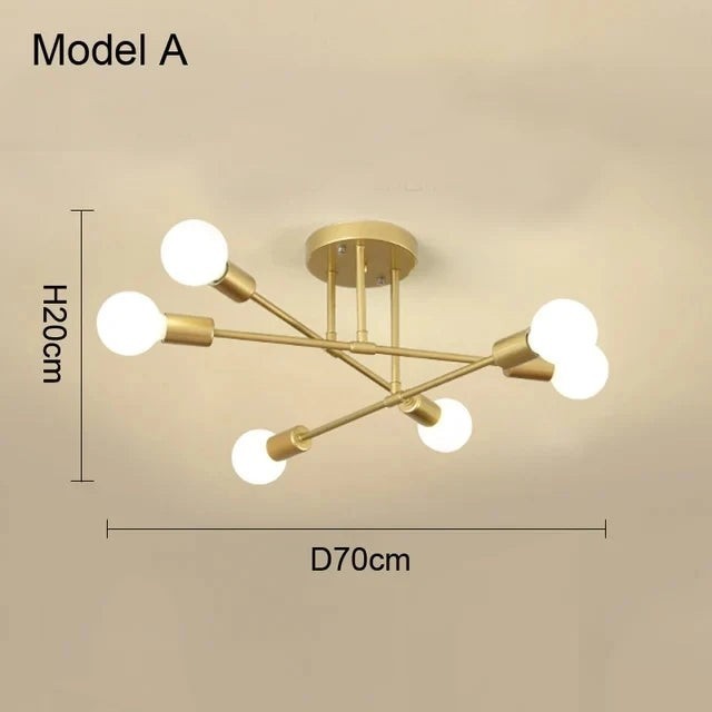 Plafonnier Dimoree style nordique minimaliste en fer doré avec six ampoules LED pour salon ou chambre