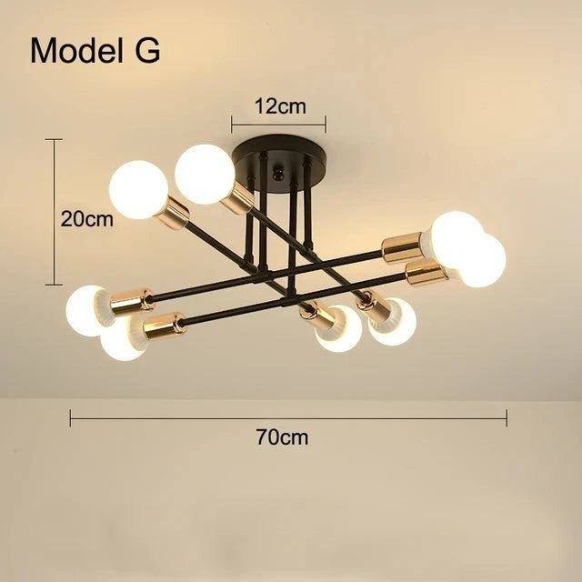 Plafonnier Dimoree style nordique minimaliste en métal noir et doré avec six ampoules LED pour salon ou chambre