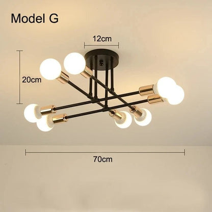 Plafonnier Dimoree style nordique minimaliste en métal noir et doré avec six ampoules LED pour salon ou chambre