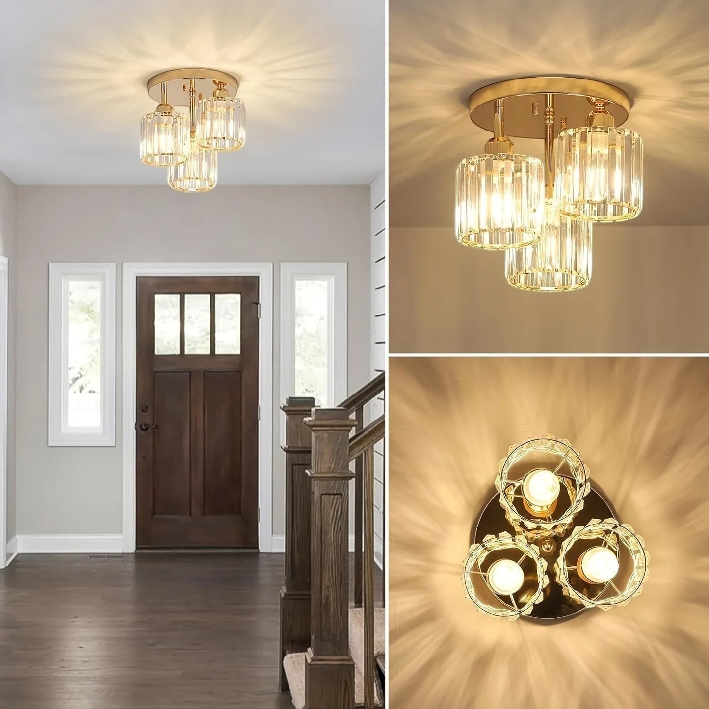 Plafonnier moderne Dimoree en fer doré et cristal, design élégant à trois lampes pour salon ou entrée