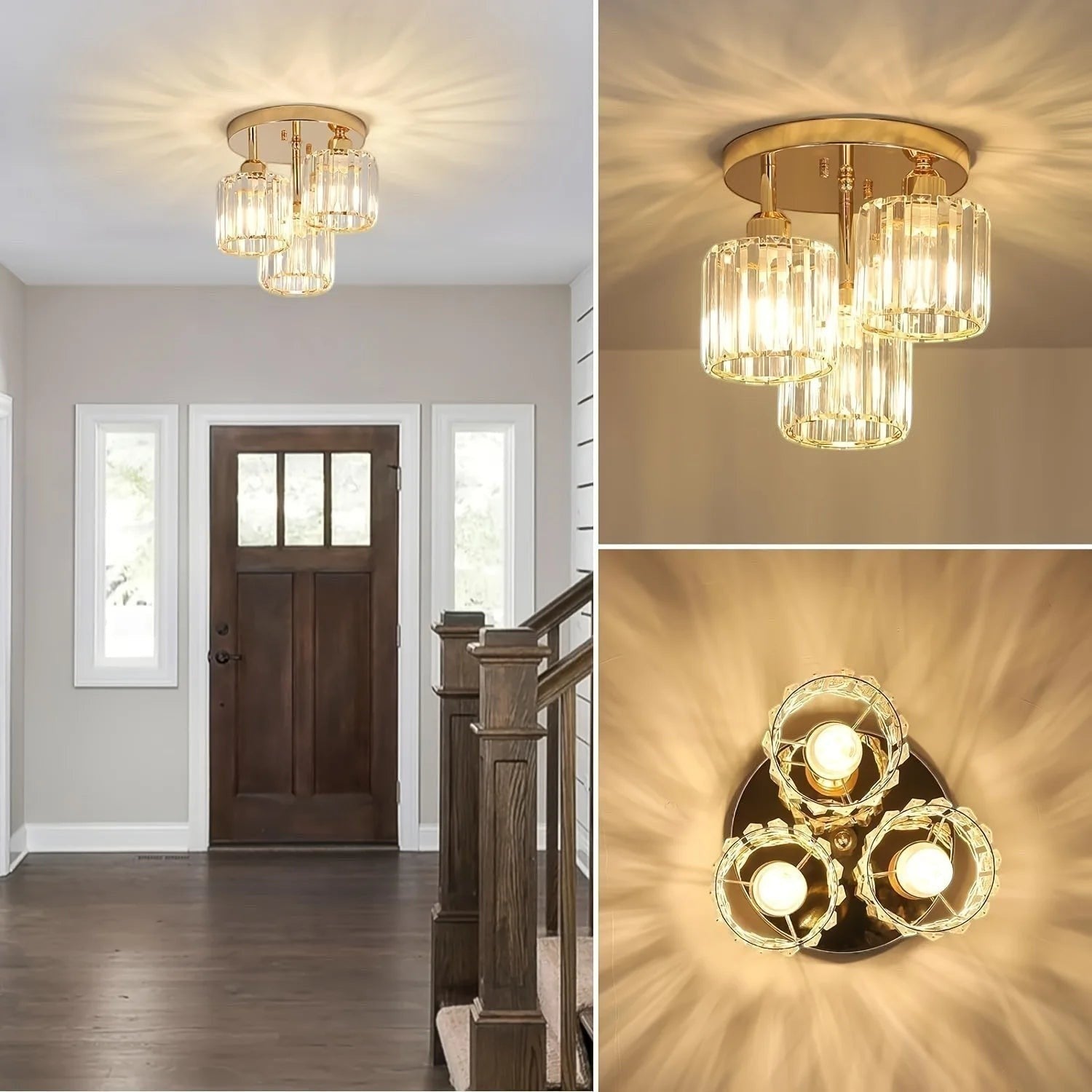 Plafonnier moderne Dimoree en fer doré et cristal, design élégant à trois lampes pour salon ou entrée