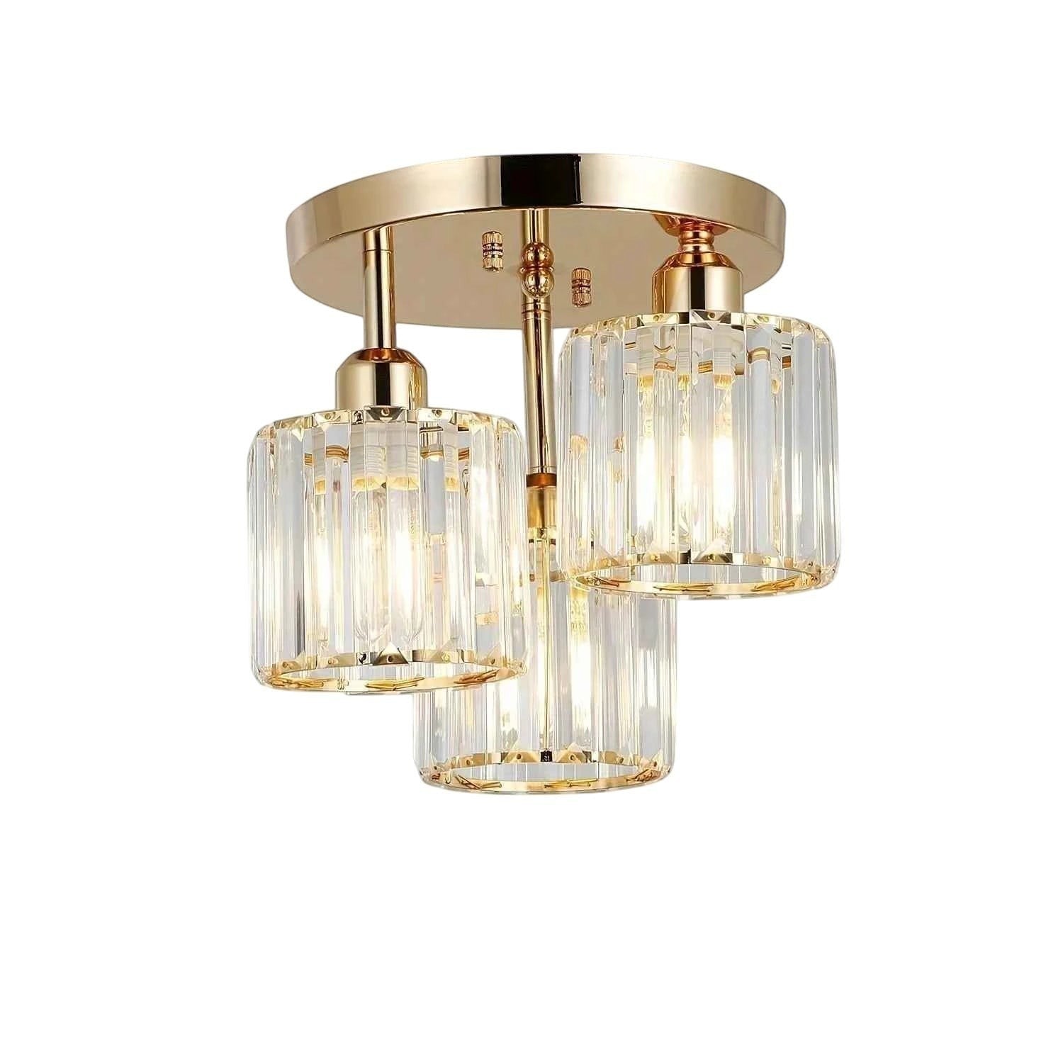 Plafonnier Dimoree moderne à trois lumières en fer doré et cristaux cylindriques pour un éclairage luxueux