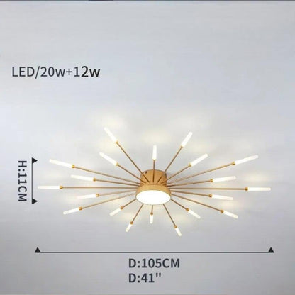 Plafonnier moderne étoilé Dimoree en métal doré avec branches lumineuses LED pour un éclairage design et chaleureux.