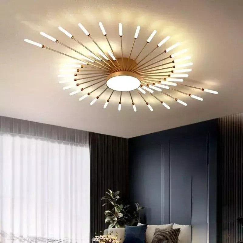 Plafonnier Dimoree moderne en métal doré avec design étoilé rayonnant pour un éclairage élégant du salon.