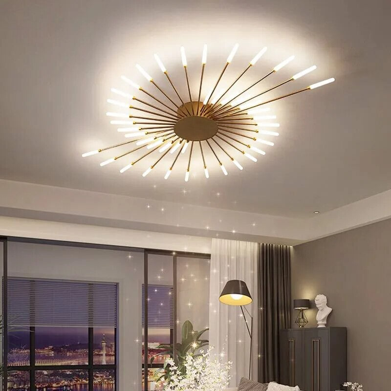 Plafonnier moderne étoilé Dimoree en métal doré avec branches rayonnantes pour un éclairage élégant et chaleureux.