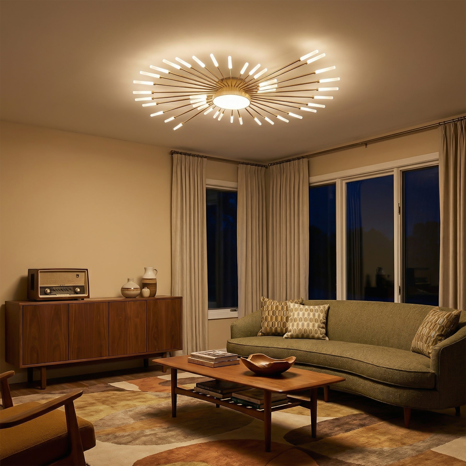Plafonnier moderne étoilé Dimoree en métal doré avec branches rayonnantes diffusant une lumière douce dans un salon.