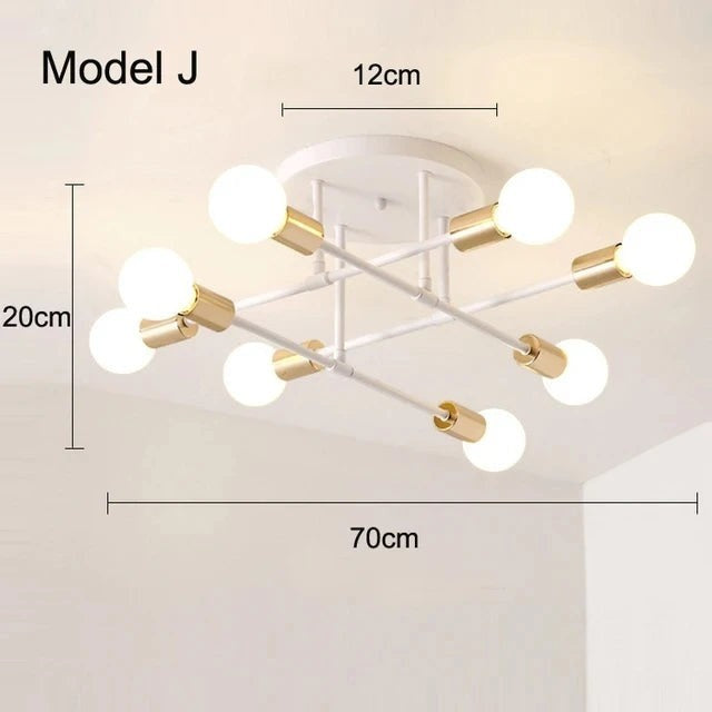Plafonnier Dimoree style nordique minimaliste avec structure blanche et détails dorés, 8 ampoules LED sphériques