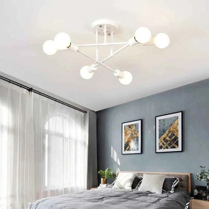 Plafonnier Dimoree au design nordique minimaliste avec structure blanche et six ampoules sphériques dans une chambre