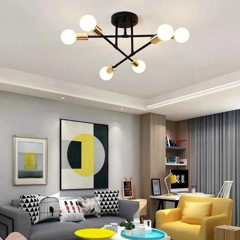 Plafonnier Dimoree style nordique minimaliste en fer noir et doré avec six ampoules LED pour salon moderne