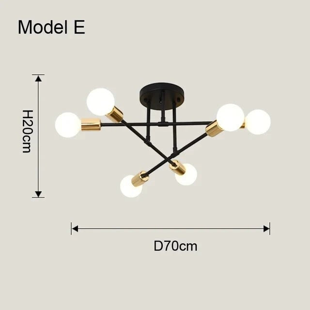 Plafonnier Dimoree style nordique minimaliste en fer noir et doré avec six ampoules LED pour salon ou chambre