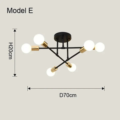 Plafonnier Dimoree style nordique minimaliste en fer noir et doré avec six ampoules LED pour salon ou chambre