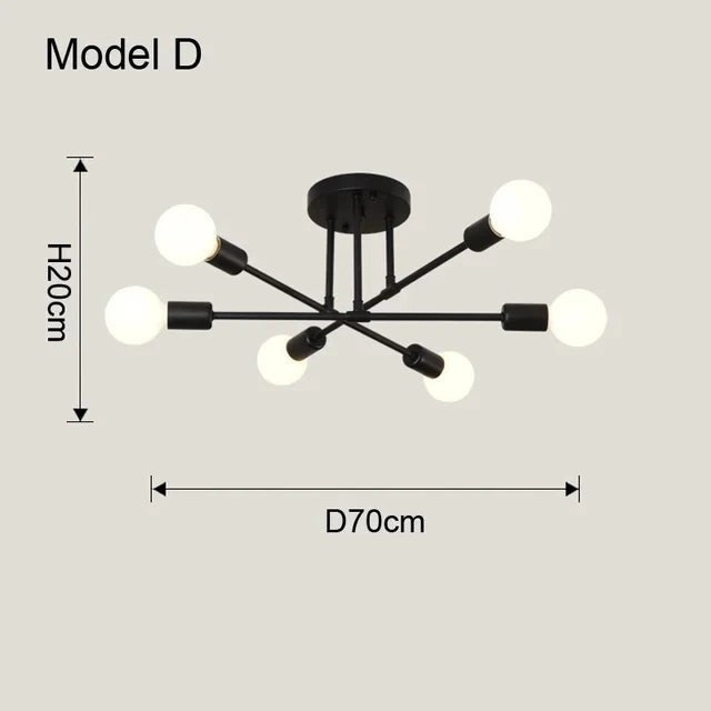 Plafonnier Dimoree au style nordique minimaliste avec six bras en fer noir et ampoules LED sphériques
