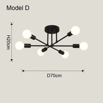 Plafonnier Dimoree au style nordique minimaliste avec six bras en fer noir et ampoules LED sphériques
