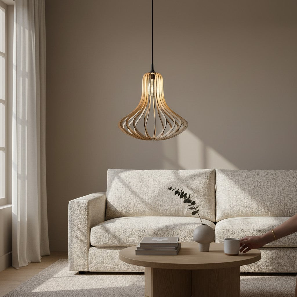 Dimoree suspension scandinave en bois clair avec abat-jour ajouré, idéale pour salon.