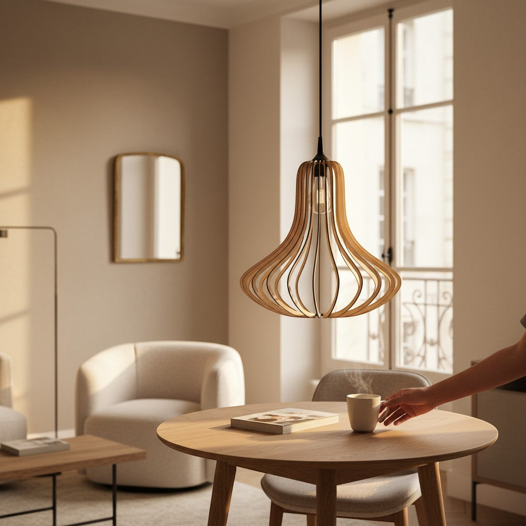 Suspension scandinave Dimoree en bois clair, design épuré, idéale pour salon.