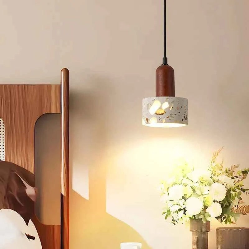 Suspension lumineuse Dimoree en bois et terrazzo style Wabi Sabi, éclairage LED suspendu pour chambre ou salon