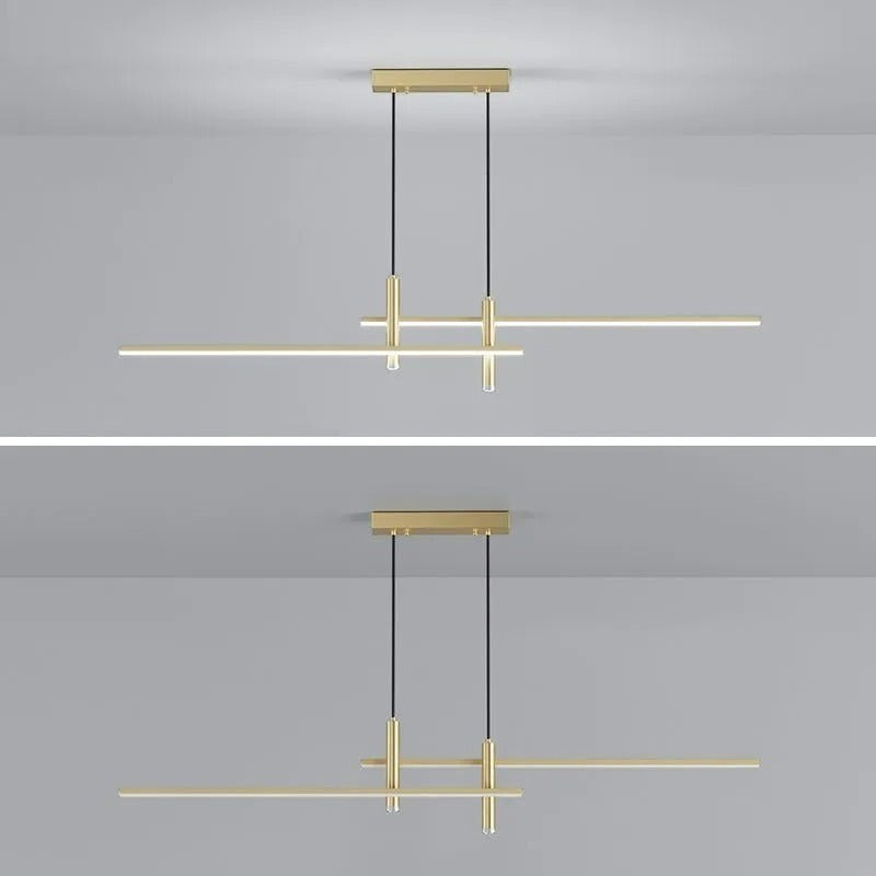 Suspension design minimaliste Dimoree en métal doré, luminaire linéaire moderne pour salon ou cuisine