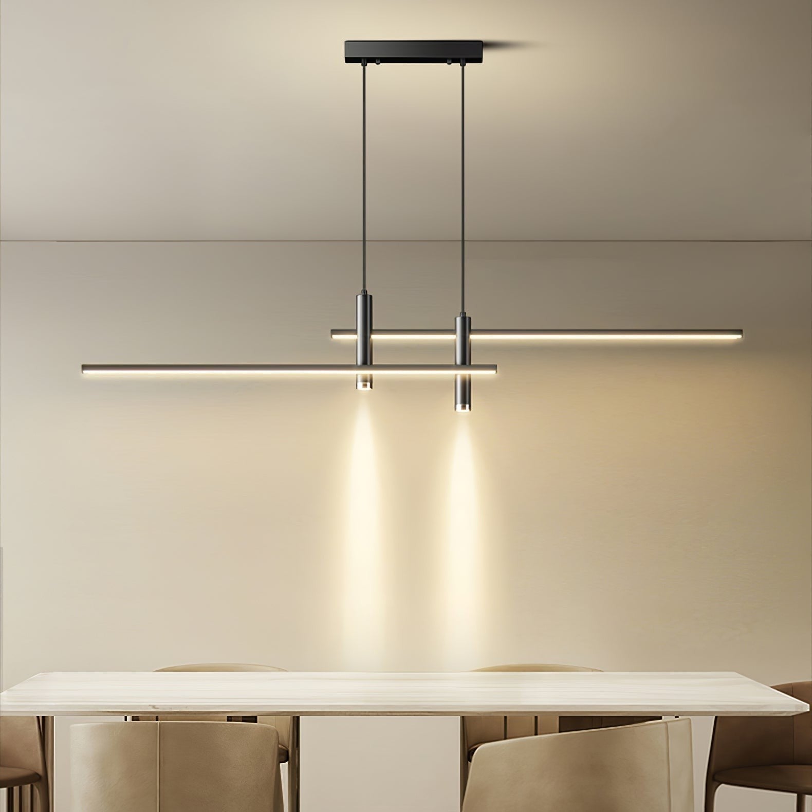 Suspension Dimoree Prym Design Italien minimaliste en métal noir avec éclairage LED linéaire au-dessus d'une table