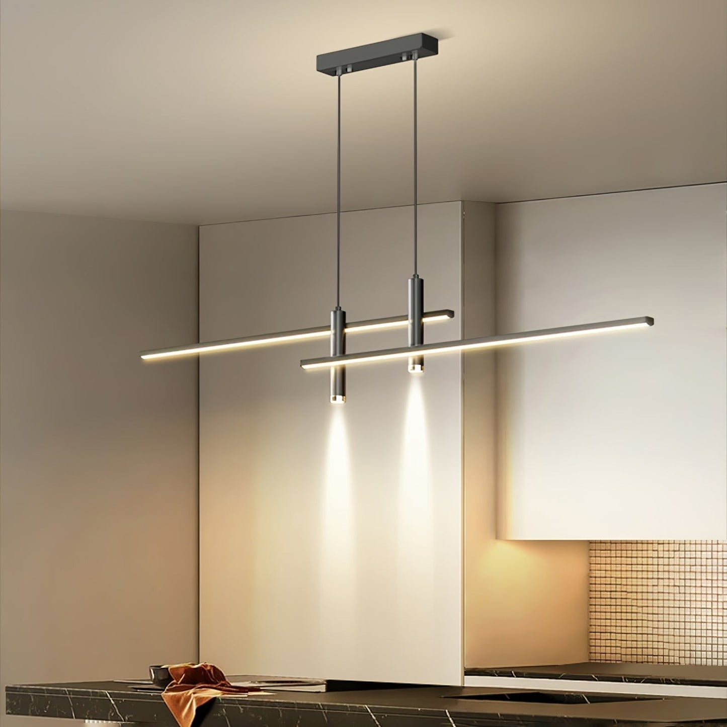 Suspension Dimoree Prym Design Italien noire minimaliste en métal avec éclairage LED linéaire pour cuisine moderne