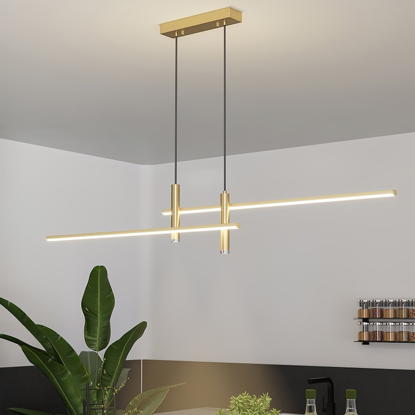 Suspension design Dimoree en métal doré avec éclairage LED linéaire pour cuisine ou salon moderne
